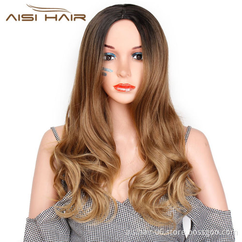 Aisi Hair Ombre Brown Synthetic Long Wavy Wigs Middle Part Dark Roots Body Wavy Wigs for Black Women